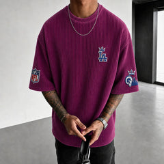 Unisex Loose-Fit Vertical-Stripe Short-Sleeve T-Shirt With Rugby Print