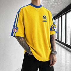 Unisex Loose-Fit Vertical-Stripe Short-Sleeve T-Shirt With Rugby Print