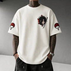 Unisex Oversized Anime-Print Vertical-Stripe Short-Sleeve T-Shirt