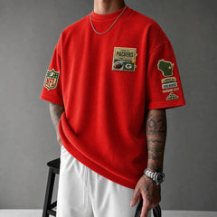 Unisex Loose-Fit Vertical-Stripe Short-Sleeve T-Shirt With Rugby Print