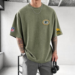Unisex Loose-Fit Vertical-Stripe Short-Sleeve T-Shirt With Rugby Print