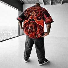 Unisex Oversized Anime-Print Vertical-Stripe Short-Sleeve T-Shirt