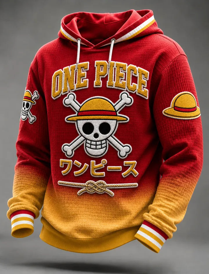 Gradient Waffle Knit Drawstring Hoodie With Graphic Patches