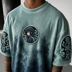 Unisex Oversized Anime-Print Vertical-Stripe Short-Sleeve T-Shirt