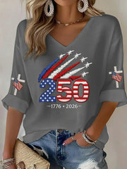 Women'S 250Th Anniversary Printed V-Neck Top For The Founding Of The United States
