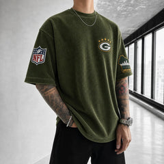 Unisex Loose-Fit Vertical-Stripe Short-Sleeve T-Shirt With Rugby Print