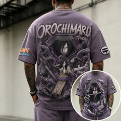 Unisex Oversized Anime-Print Vertical-Stripe Short-Sleeve T-Shirt