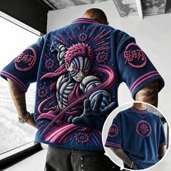Unisex Oversized Anime-Print Vertical-Stripe Short-Sleeve T-Shirt