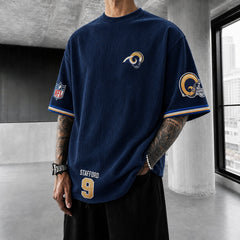 Unisex Loose-Fit Vertical-Stripe Short-Sleeve T-Shirt With Rugby Print