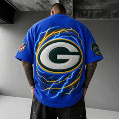 Unisex Loose-Fit Vertical-Stripe Short-Sleeve T-Shirt With Rugby Print