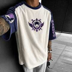 Unisex Oversized Anime-Print Vertical-Stripe Short-Sleeve T-Shirt