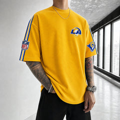 Unisex Loose-Fit Vertical-Stripe Short-Sleeve T-Shirt With Rugby Print