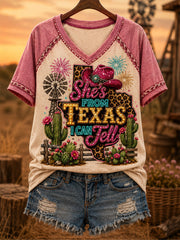 Women's She's From Texas I Can Tell Print Casual V-Neck Tee
