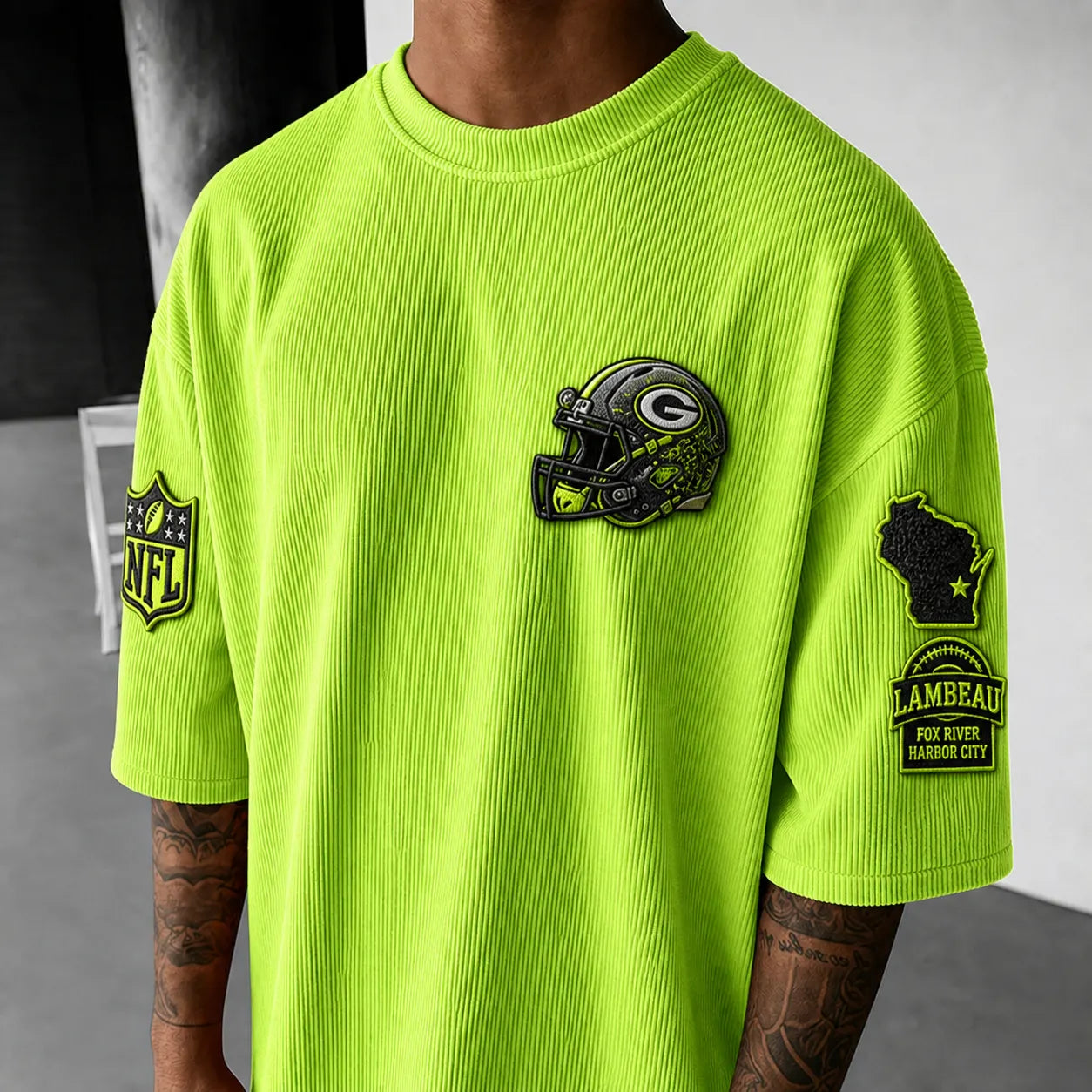 Unisex Loose-Fit Vertical-Stripe Short-Sleeve T-Shirt With Rugby Print