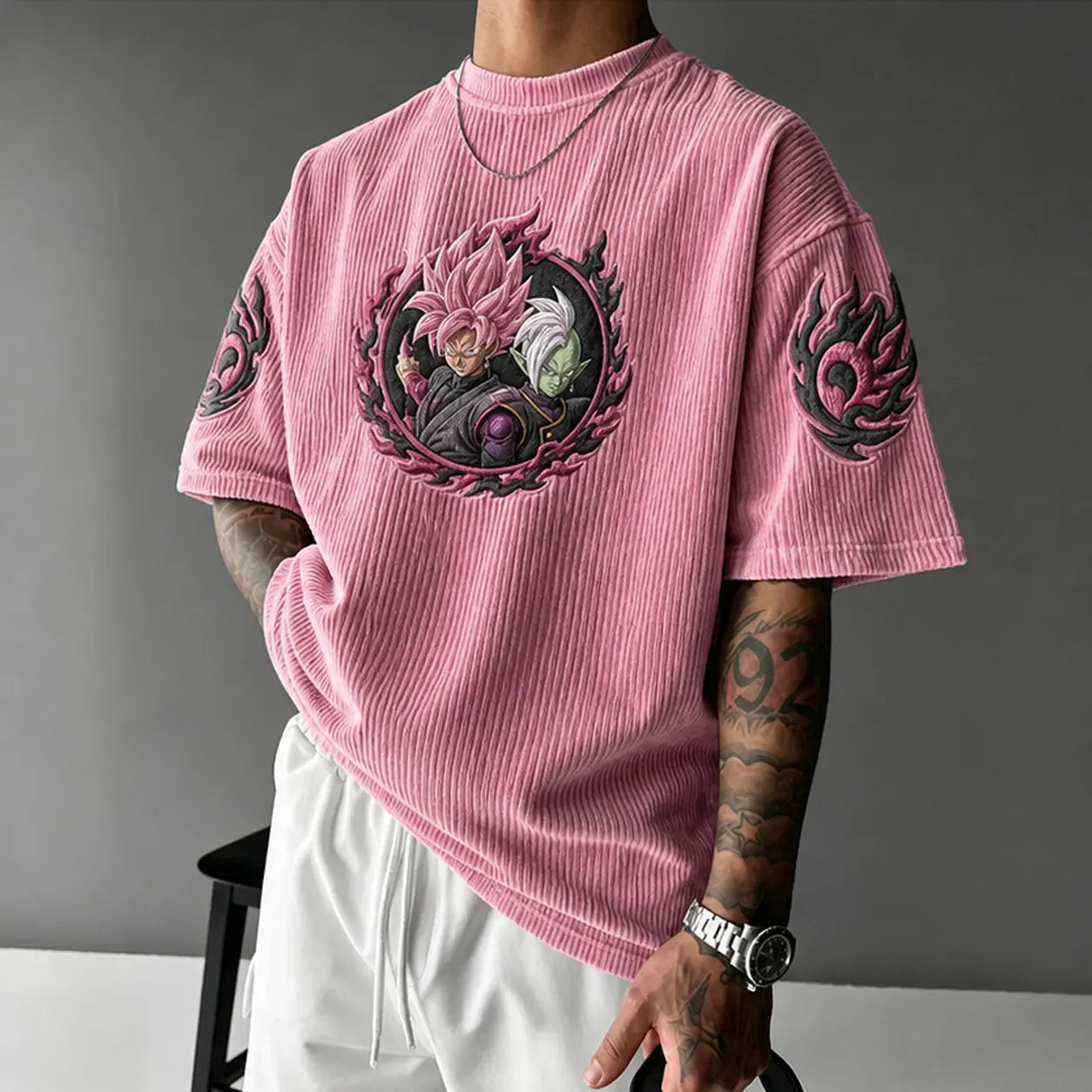 Unisex Anime-Style Retro Corduroy Oversized T-Shirt