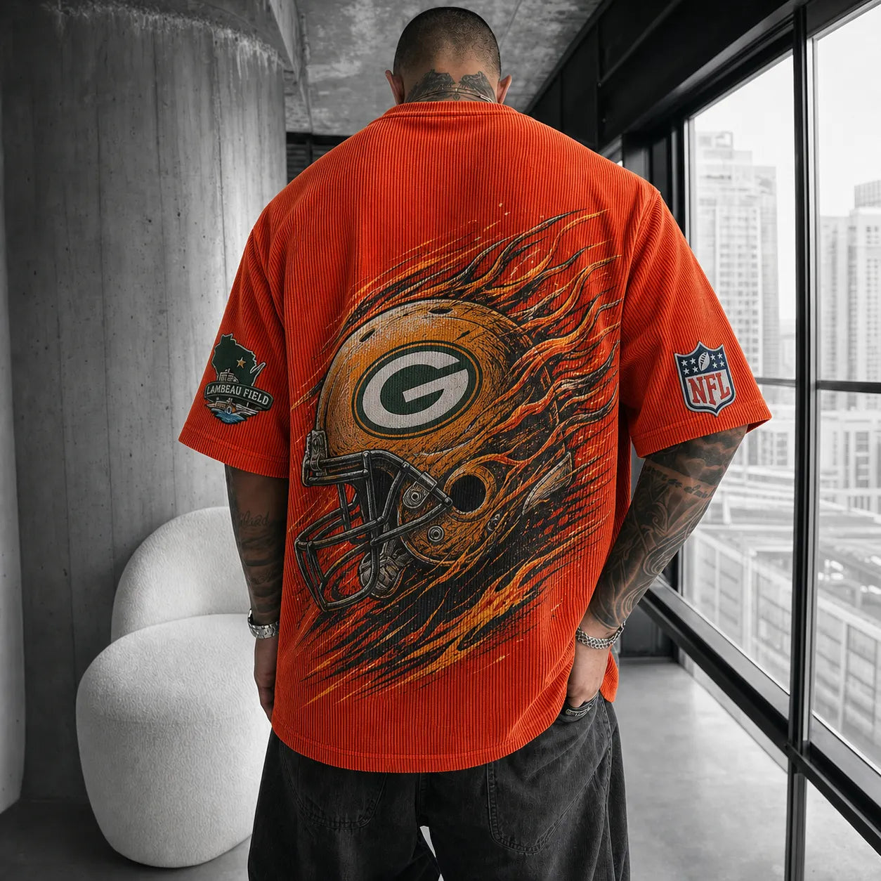 Unisex Loose-Fit Vertical-Stripe Short-Sleeve T-Shirt With Rugby Print