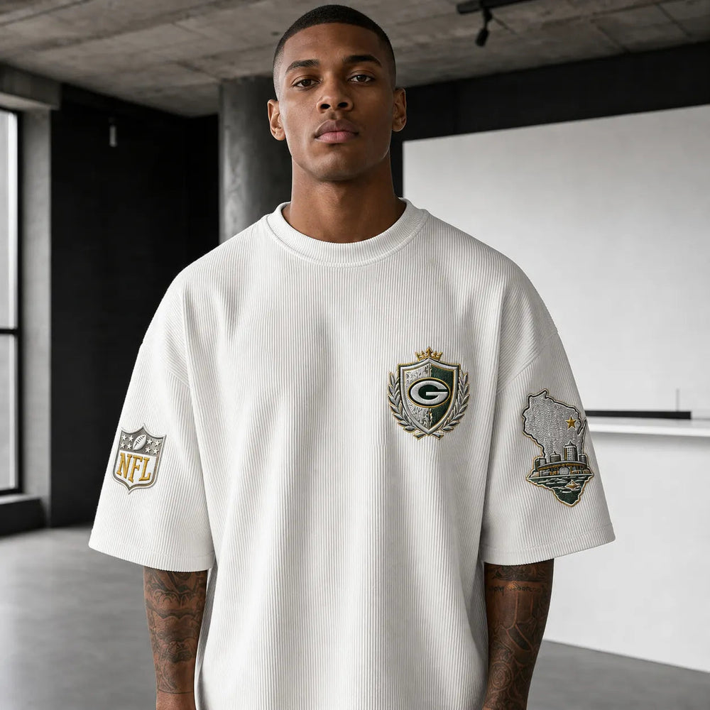 Unisex Loose-Fit Vertical-Stripe Short-Sleeve T-Shirt With Rugby Print
