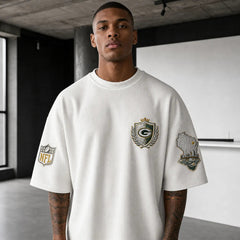 Unisex Loose-Fit Vertical-Stripe Short-Sleeve T-Shirt With Rugby Print