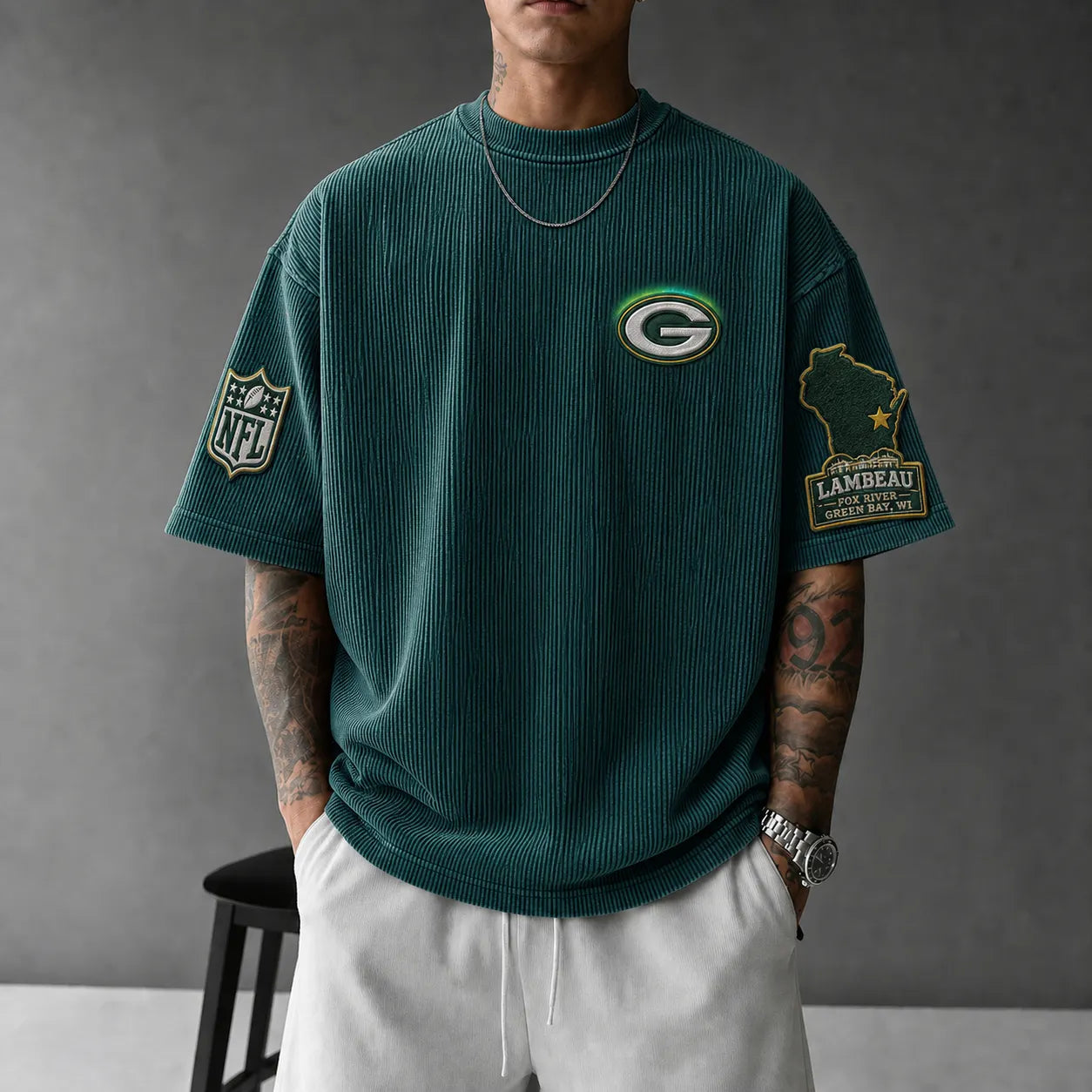 Unisex Loose-Fit Vertical-Stripe Short-Sleeve T-Shirt With Rugby Print