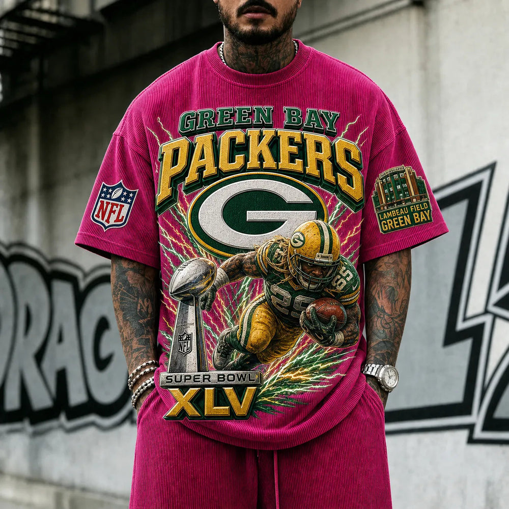 Unisex Loose-Fit Vertical-Stripe Short-Sleeve T-Shirt With Rugby Print