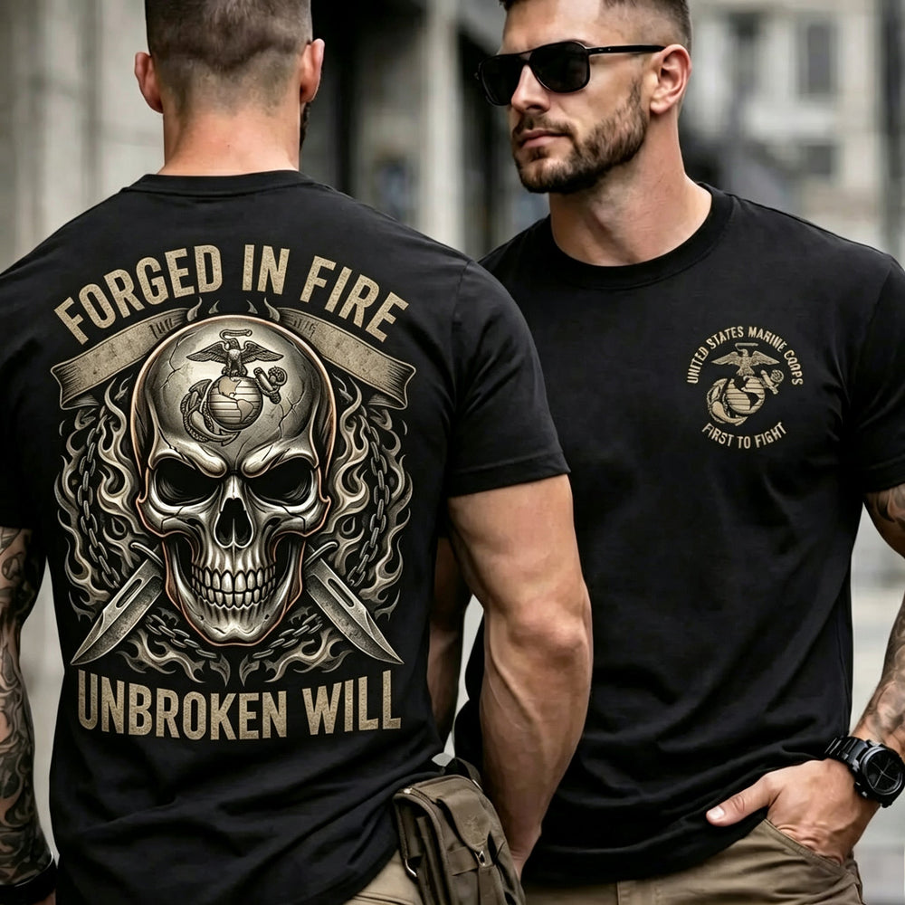 Men Forged In Fire Unbroken Will Skull Dagger Graphic Tactical T‑Shirt