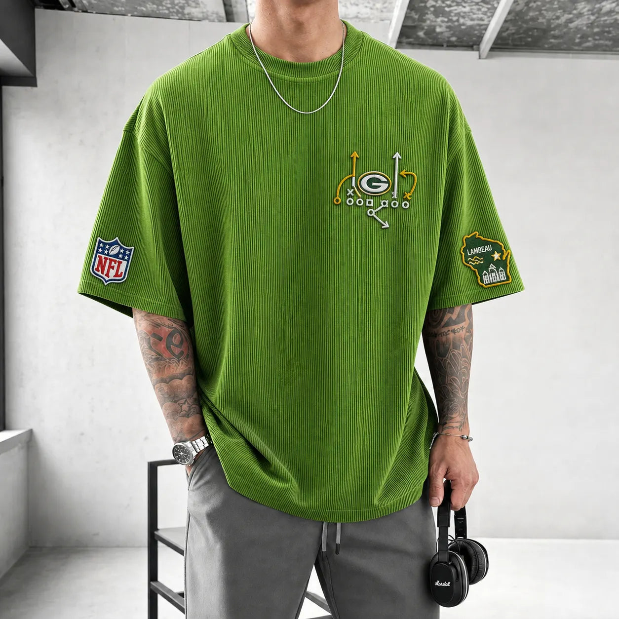 Unisex Loose-Fit Vertical-Stripe Short-Sleeve T-Shirt With Rugby Print
