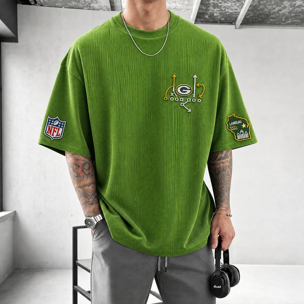 Unisex Loose-Fit Vertical-Stripe Short-Sleeve T-Shirt With Rugby Print