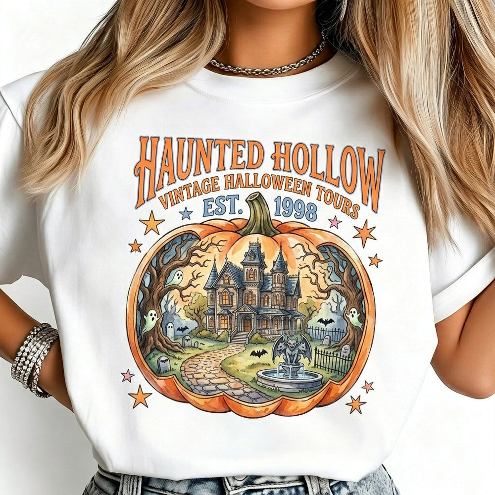 Haunted Hollow Vintage Halloween Pumpkin Graphic T‑Shirt