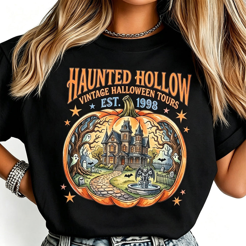 Haunted Hollow Vintage Halloween Pumpkin Graphic T‑Shirt