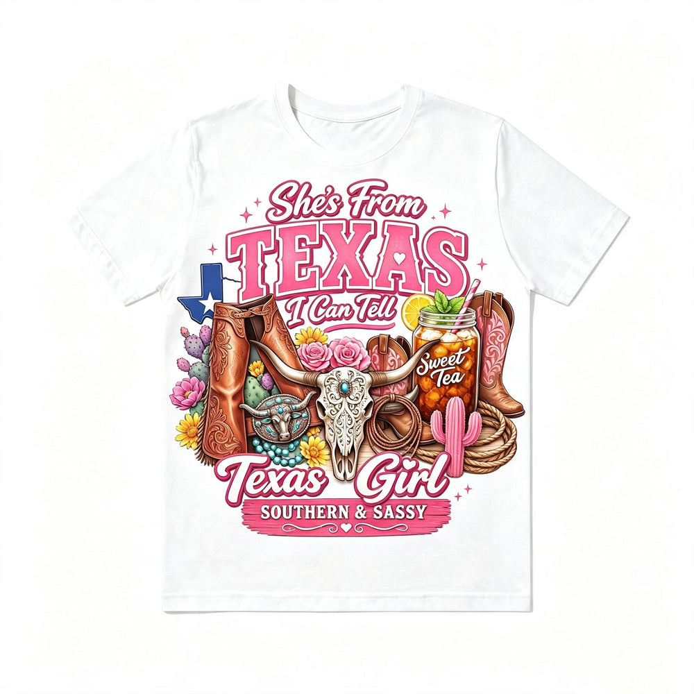 Retro Texas Western Girl Bull Skull Cactus Cowboy Boots Tee