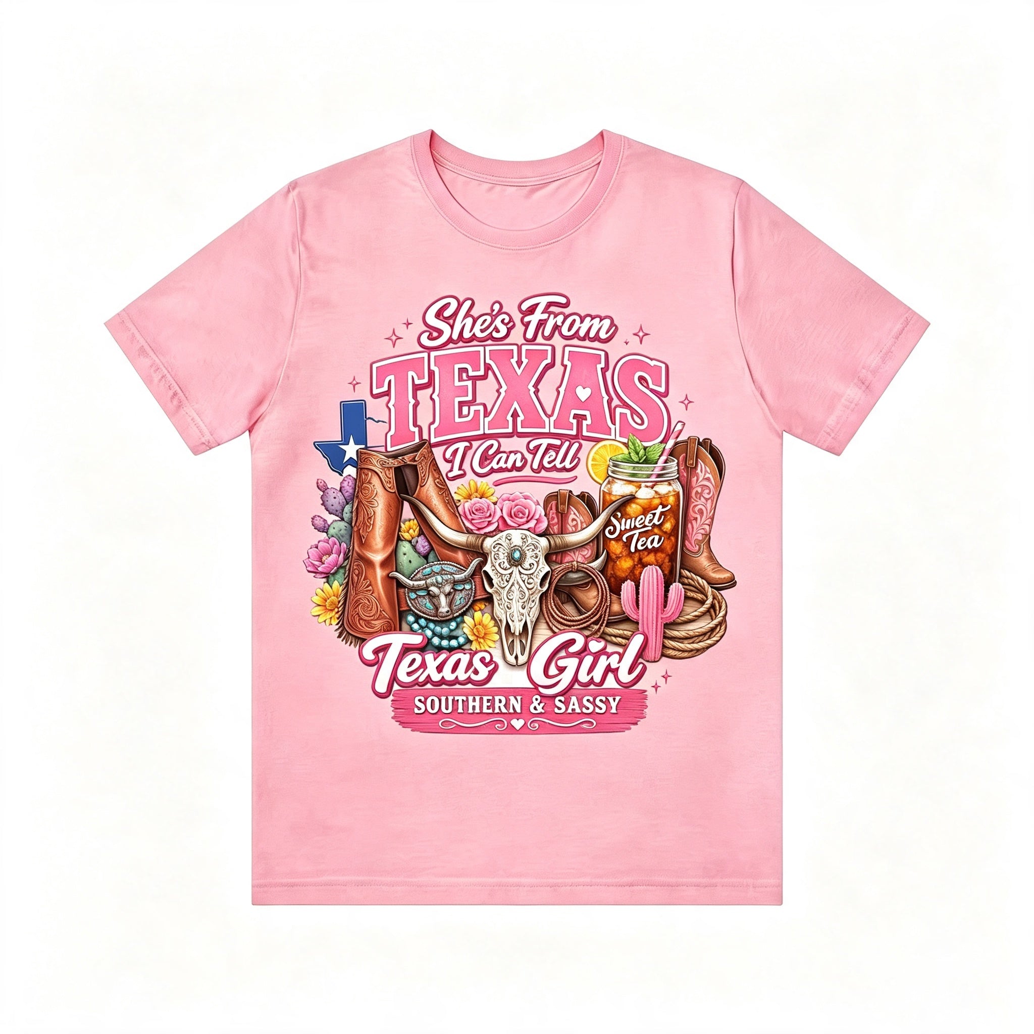 Retro Texas Western Girl Bull Skull Cactus Cowboy Boots Tee