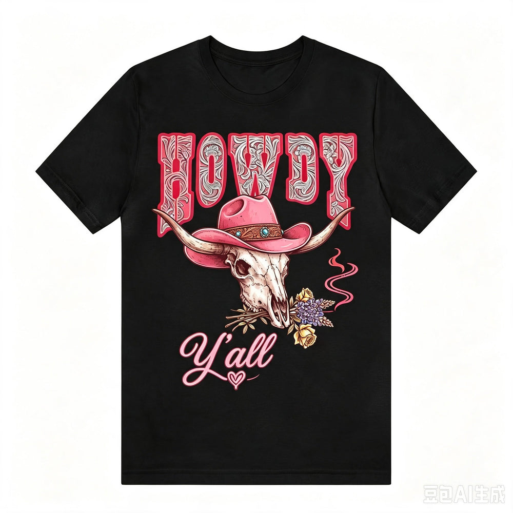 Howdy Y'all Western Bull Skull Cowboy Hat Graphic T‑Shirt