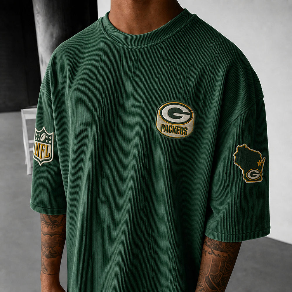 Unisex Loose-Fit Vertical-Stripe Short-Sleeve T-Shirt With Rugby Print