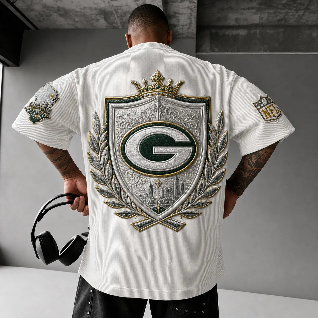 Unisex Loose-Fit Vertical-Stripe Short-Sleeve T-Shirt With Rugby Print