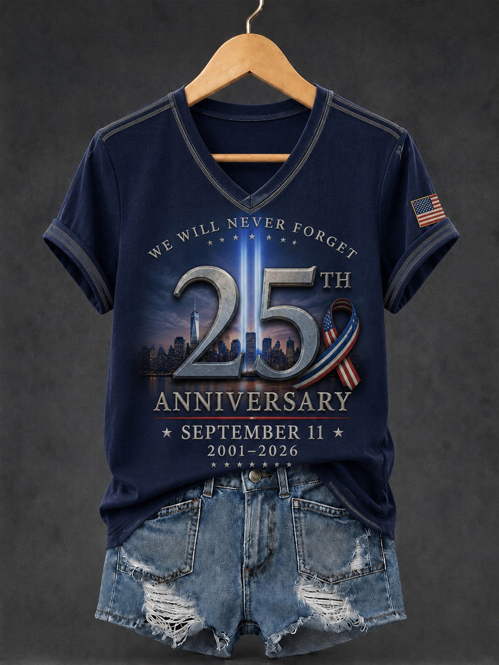 Women's 9.11 Never Forget Printed V-neck T-shirt