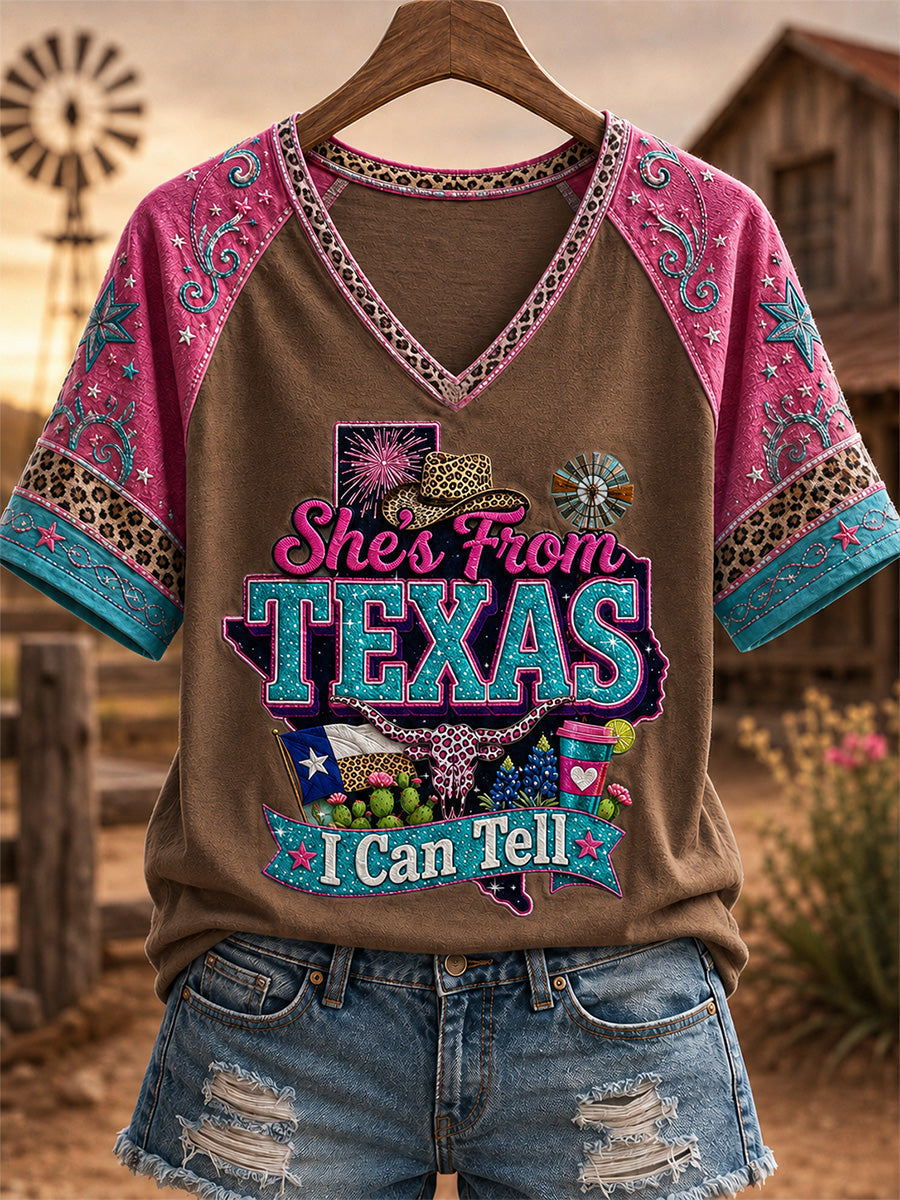 Women's She's From Texas I Can Tell Print Casual V-Neck Tee