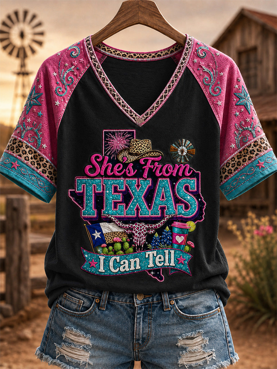 Women's She's From Texas I Can Tell Print Casual V-Neck Tee