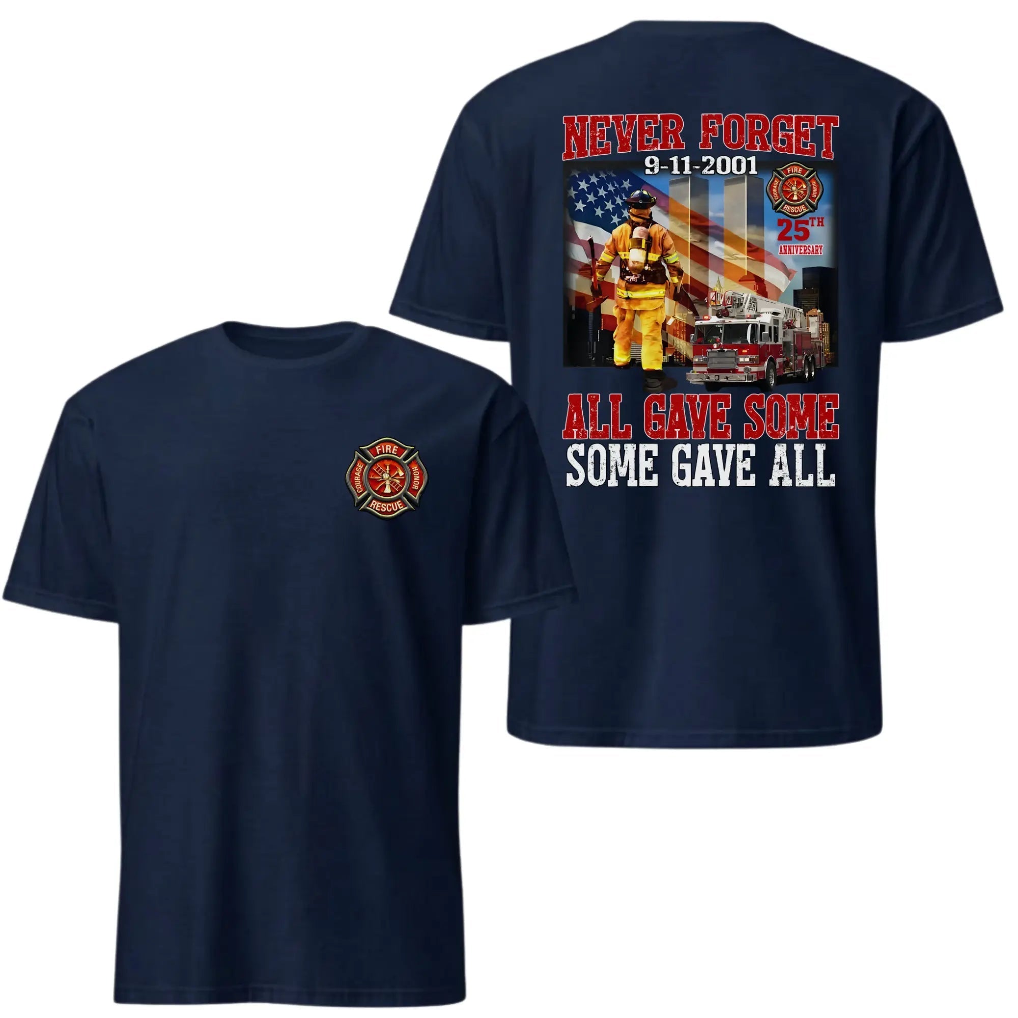 Never Forget 9/11 Firefighter Memorial Tee - 25th Anniversary Rescue Graphic Shirt