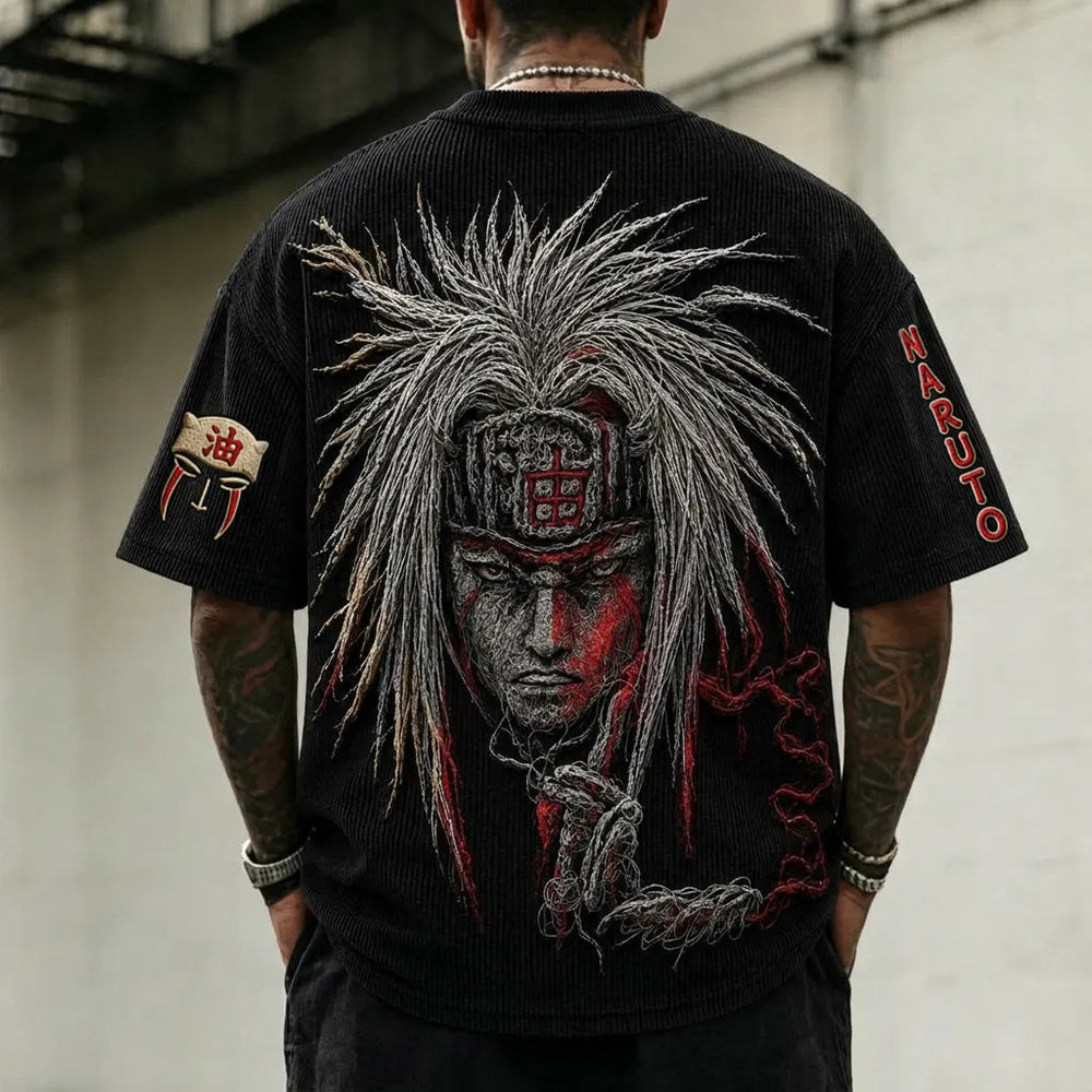 Unisex Anime-Style Retro Corduroy Oversized T-Shirt