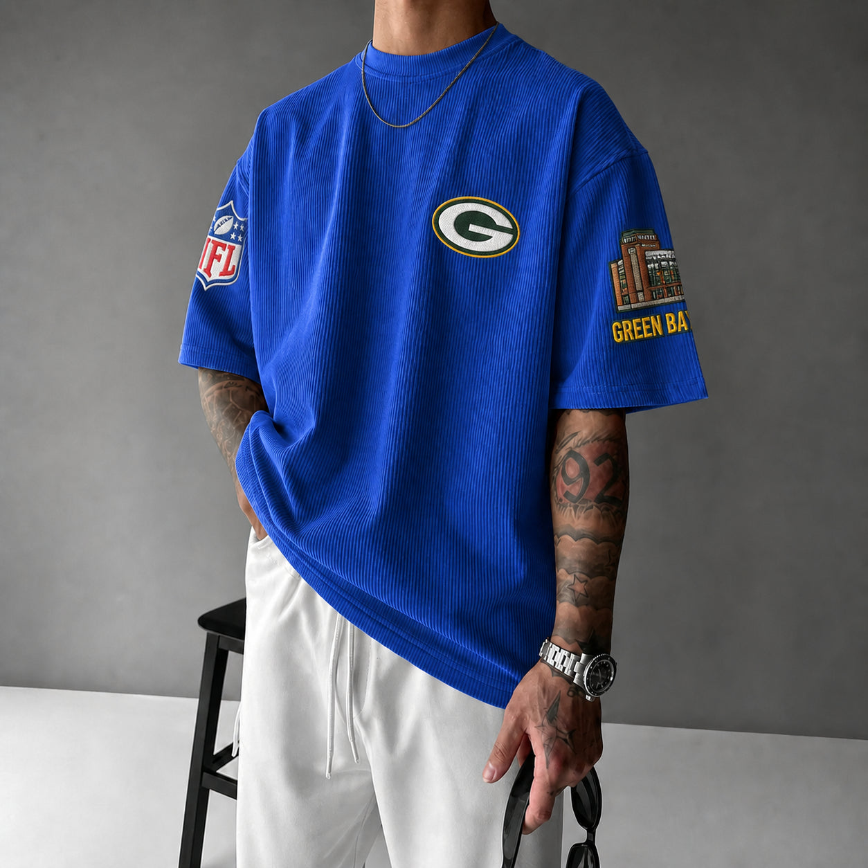 Unisex Loose-Fit Vertical-Stripe Short-Sleeve T-Shirt With Rugby Print