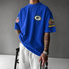 Unisex Loose-Fit Vertical-Stripe Short-Sleeve T-Shirt With Rugby Print