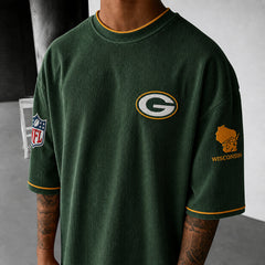 Unisex Loose-Fit Vertical-Stripe Short-Sleeve T-Shirt With Rugby Print