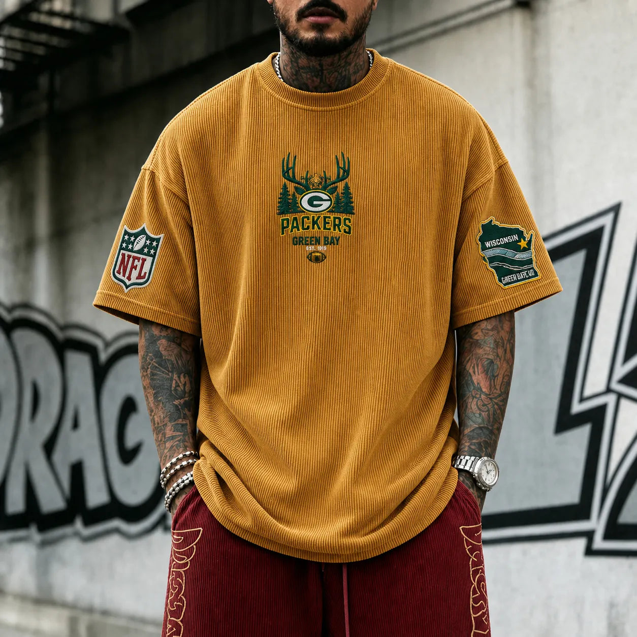 Unisex Loose-Fit Vertical-Stripe Short-Sleeve T-Shirt With Rugby Print