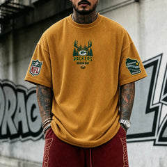 Unisex Loose-Fit Vertical-Stripe Short-Sleeve T-Shirt With Rugby Print