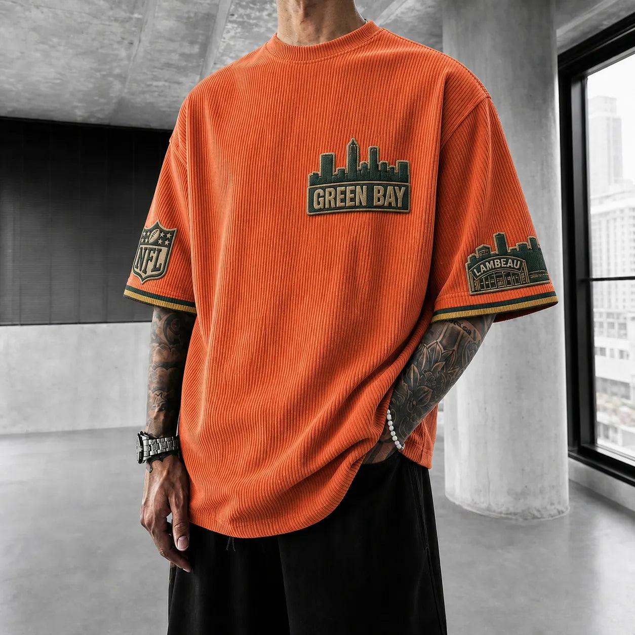 Unisex Loose-Fit Vertical-Stripe Short-Sleeve T-Shirt With Rugby Print