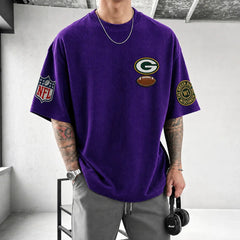 Unisex Loose-Fit Vertical-Stripe Short-Sleeve T-Shirt With Rugby Print