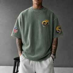 Unisex Loose-Fit Vertical-Stripe Short-Sleeve T-Shirt With Rugby Print