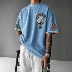 Unisex Loose-Fit Vertical-Stripe Short-Sleeve T-Shirt With Rugby Print