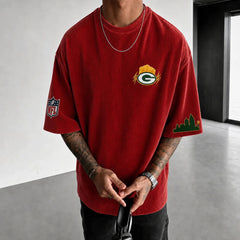 Unisex Loose-Fit Vertical-Stripe Short-Sleeve T-Shirt With Rugby Print