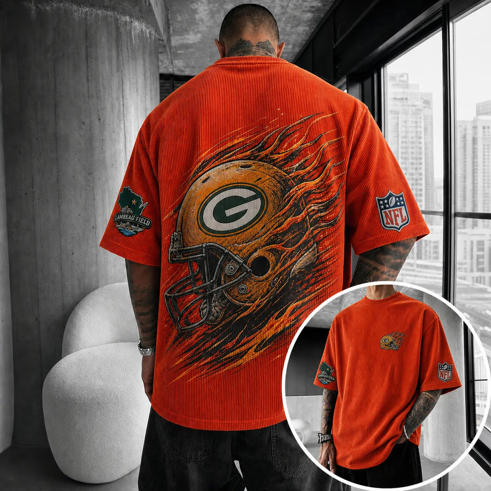 Unisex Loose-Fit Vertical-Stripe Short-Sleeve T-Shirt With Rugby Print